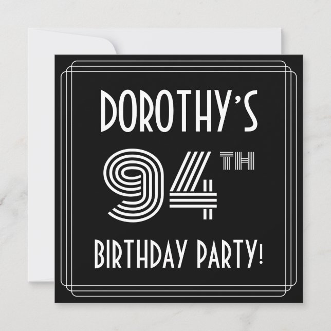94th Birthday Party: Art Deco Style w/ Custom Name Invitation (Front)