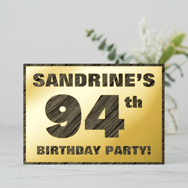 94th Birthday Party — Bold, Faux Wood Grain Text (Standing Front)
