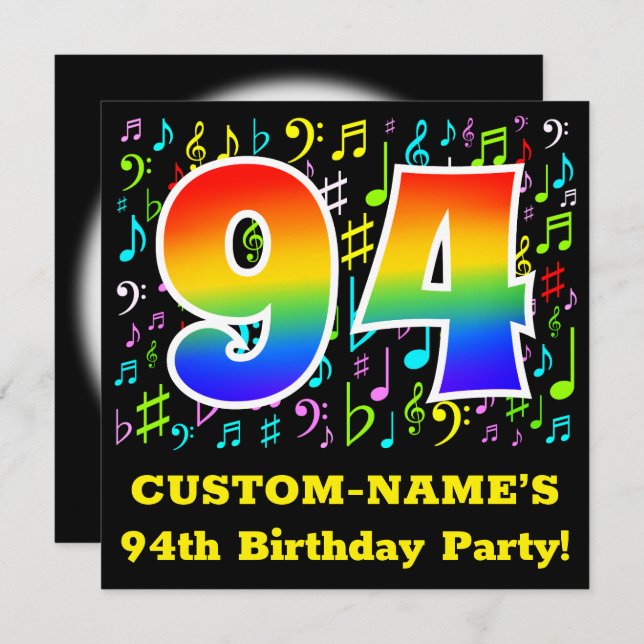 94th Birthday Party: Fun Music Symbols, Rainbow 94 Invitation (Front/Back)