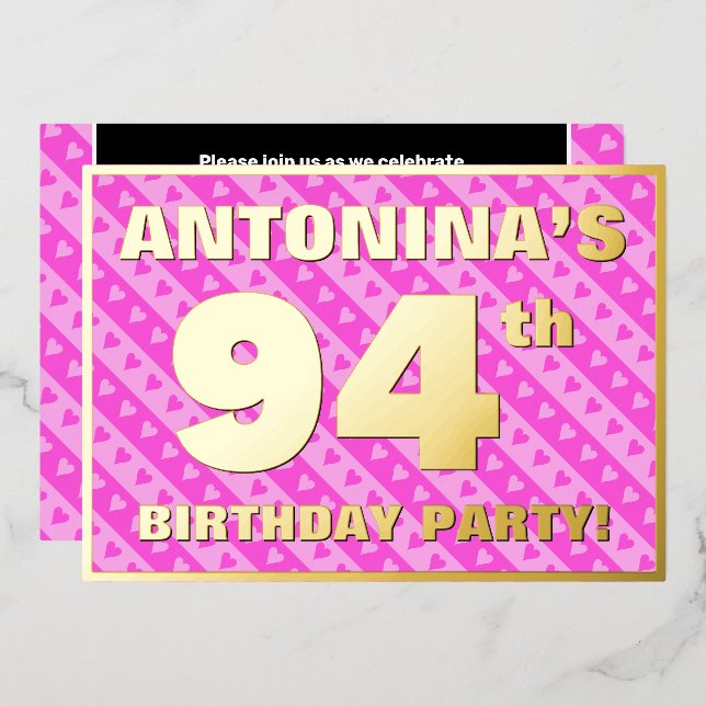 94th Birthday Party — Fun Pink Hearts and Stripes (Front/Back)