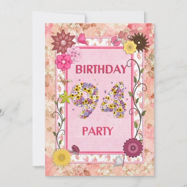 94th birthday party invitation with floral frame (Front)