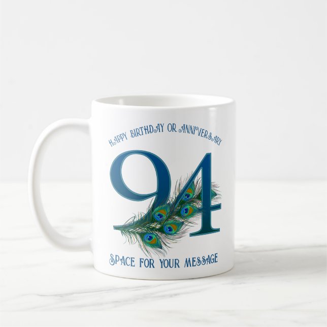 94th Birthday Peacock Feather Customisable Coffee Mug (Left)