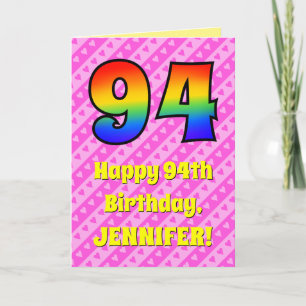 94th Birthday: Pink Stripes & Hearts, Rainbow # 94 Card