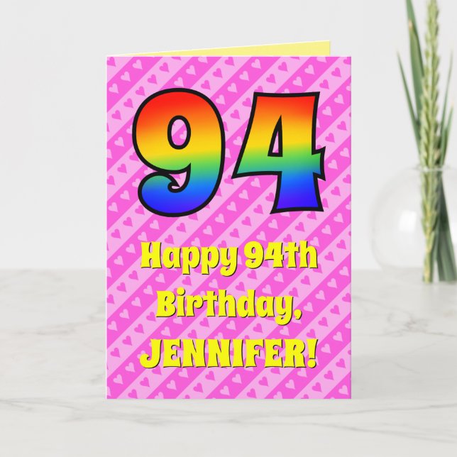 94th Birthday: Pink Stripes & Hearts, Rainbow # 94 Card (Front)