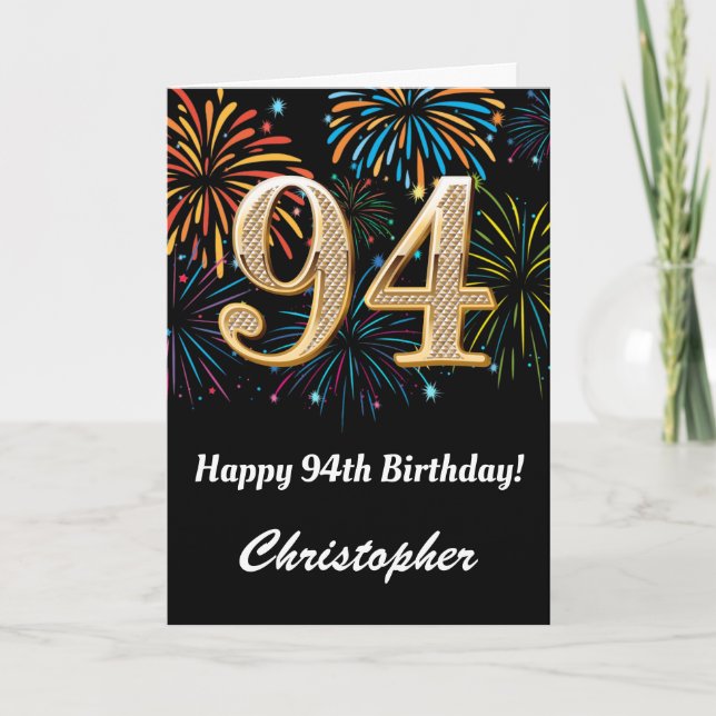 94th Birthday Rainbow Fireworks Black and Gold Card (Front)