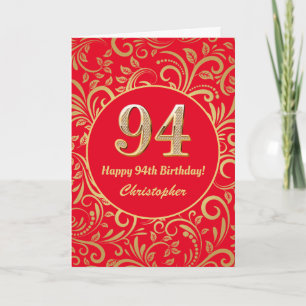 94th Birthday Red and Gold Floral Pattern Card