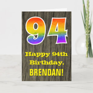94th Birthday: Rustic Faux Wood Look, Rainbow "94" Card