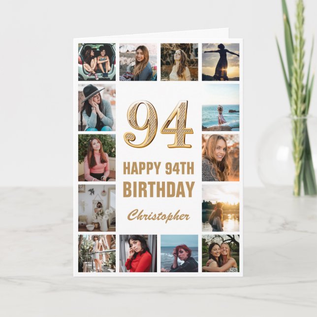 94th Happy Birthday Gold and White Photo Collage Card (Front)