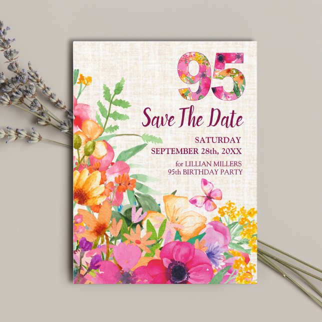 95 Years Flowers Floral Linen 95th Birthday Announcement Postcard (Creator Uploaded)