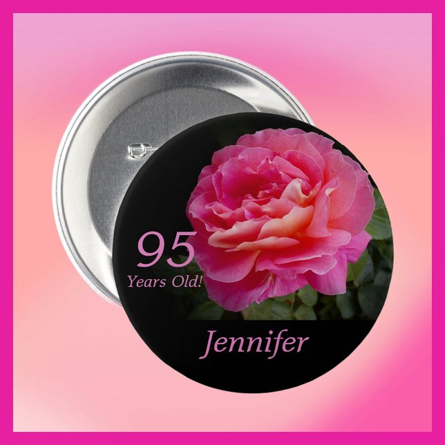 95 Years Old, Pink Rose Button Pin (Creator Uploaded)