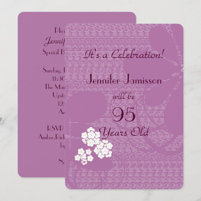 95 Years Old Purple Floral Birthday Party Invite (Front/Back)