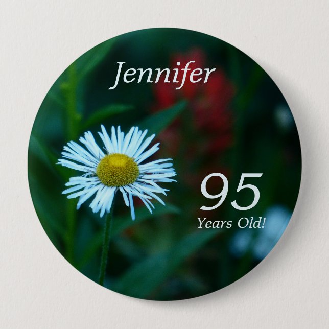 95 Years Old, White Daisy WildFlower Button Pin (Front)