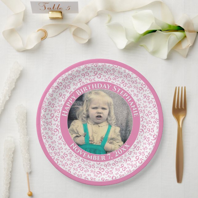 95 Your Photo Random Number Pattern Pink/White Paper Plate (Wedding)