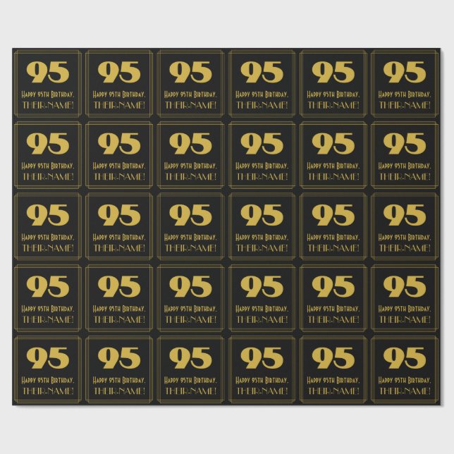 95th Birthday – Art Deco Inspired Look "95" & Name Wrapping Paper (Flat)