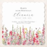 95th Birthday August Birth Flower Custom Paper Coaster<br><div class="desc">Perfect table decor for an August birthday party. Pink gladiolus is the birth flower for that month. It forms a pretty watercolor bottom border on this floral personalised coaster. The birthday guest of honour's name, age and birthdate are placed above it using elegant calligraphy and typography. All text is editable....</div>