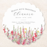 95th Birthday August Birth Flower Custom Paper Coaster<br><div class="desc">Perfect table decor for an August birthday party. Pink gladiolus is the birth flower for that month. It forms a pretty watercolor bottom border on this floral personalised coaster. The birthday guest of honour's name, age and birthdate are placed above it using elegant calligraphy and typography. All text is editable....</div>