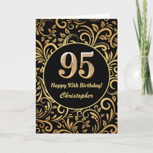95th Birthday Black and Gold Floral Pattern Card