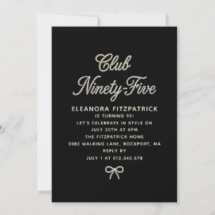 95th Birthday Black White Pearl Script Bow Invitation