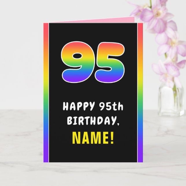 95th Birthday: Colourful Rainbow # 95, Custom Name Card (Orchid)