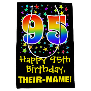 95th Birthday: Colourful Stars Pattern & Rainbow 9 Medium Gift Bag