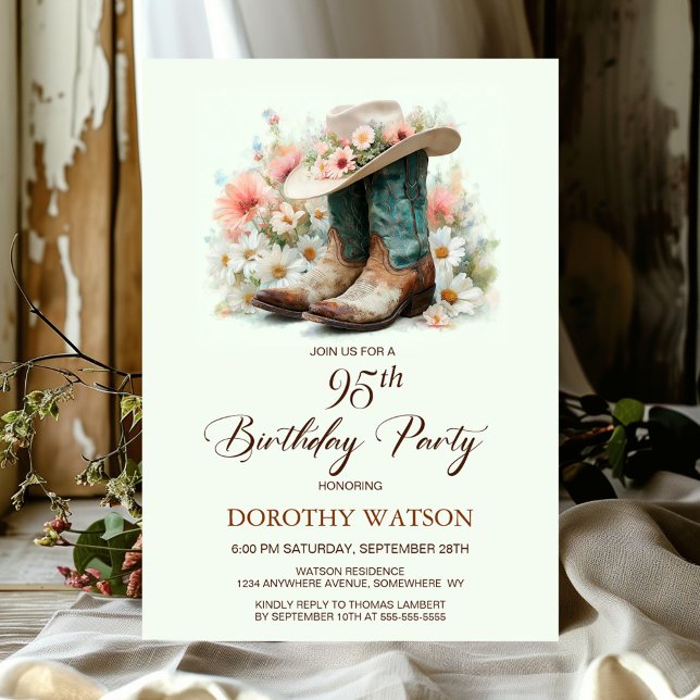 95th Birthday Cowgirl Boots and Hat Birthday Party Invitation (Creator Uploaded)