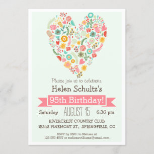95th Birthday, Cute Floral Heart Birthday Party Invitation