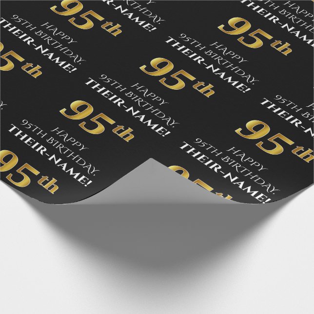 95th Birthday: Elegant, Black, Faux Gold Look Wrapping Paper (Corner)