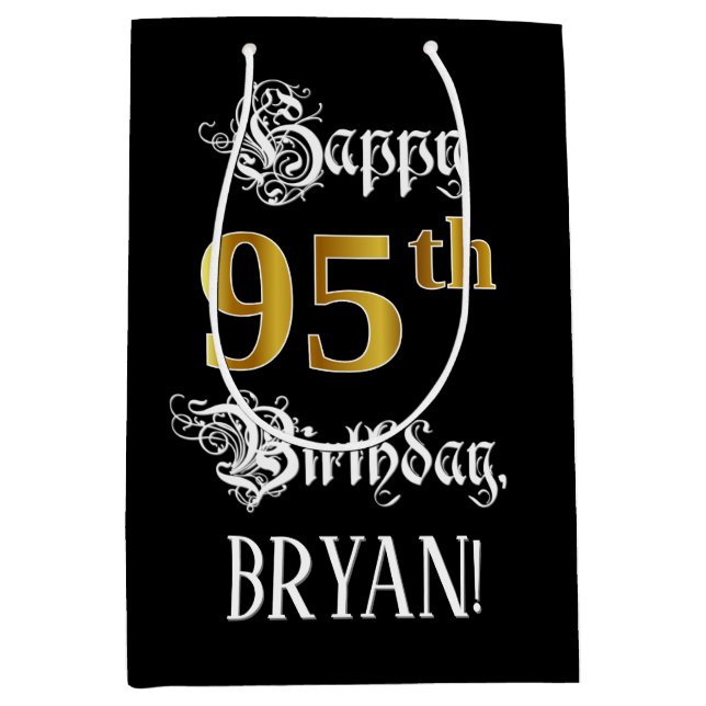 95th Birthday ~ Fancy Script; Faux Gold Look; Name Medium Gift Bag (Front)