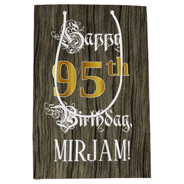 95th Birthday: Faux Gold Look & Faux Wood Pattern Medium Gift Bag (Front)