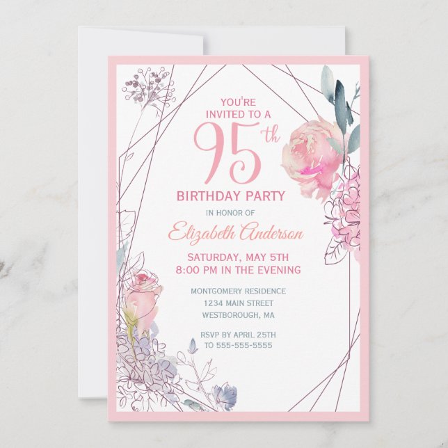 95th Birthday Floral Blush Rose Watercolor Party Invitation (Front)