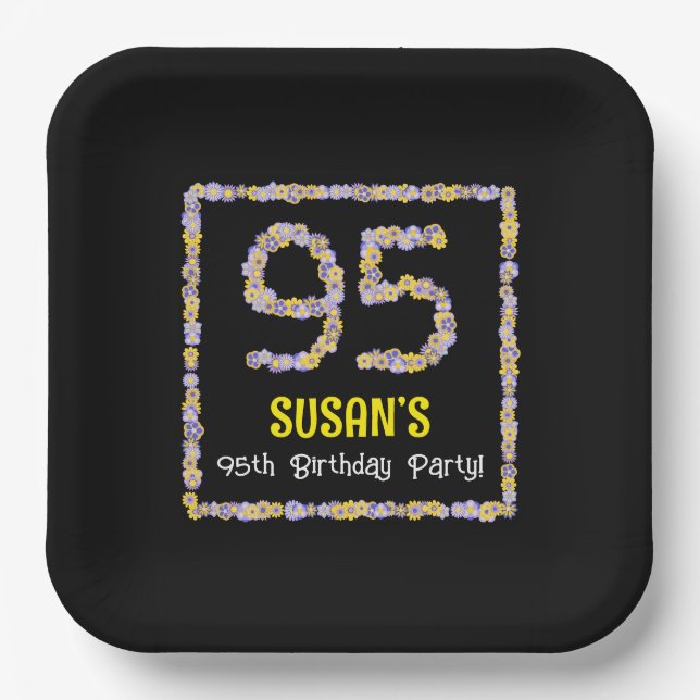 95th Birthday: Floral Flowers Number, Custom Name Paper Plate (Front)