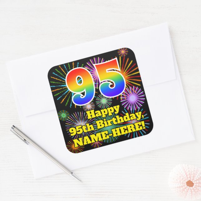 95th Birthday: Fun Fireworks Look, Rainbow # 95 Square Sticker (Envelope)