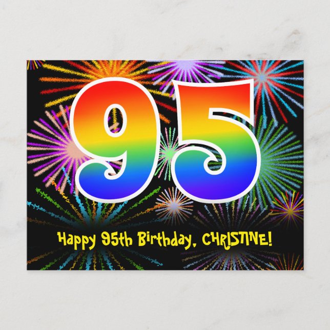 95th Birthday – Fun Fireworks Pattern + Rainbow 95 Postcard (Front)
