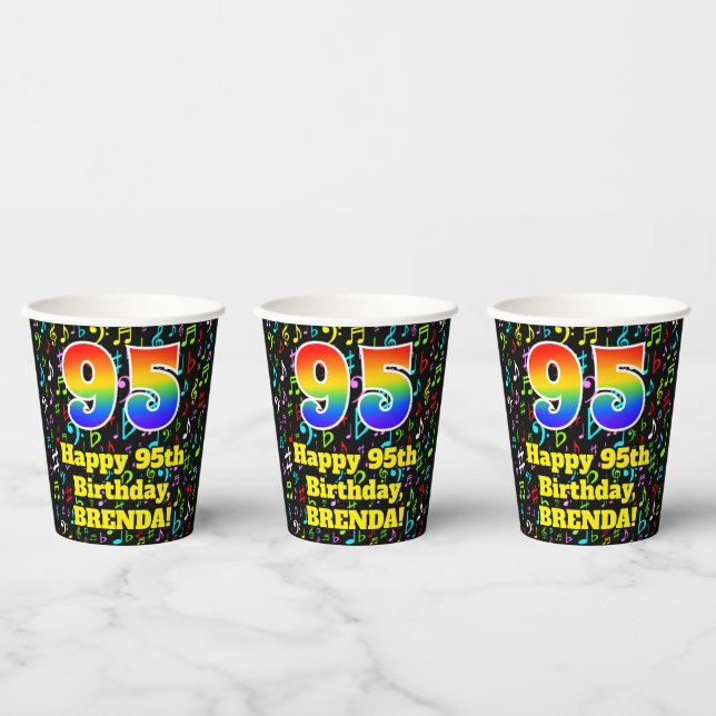 95th Birthday: Fun Music Notes Pattern, Rainbow 95 Paper Cups (Multi)