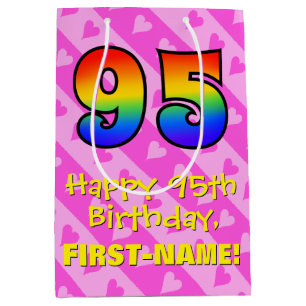 95th Birthday: Fun Pink Hearts Stripes; Rainbow 95 Medium Gift Bag