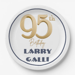 95th Birthday Gold Navy Blue Custom Name Paper Plate