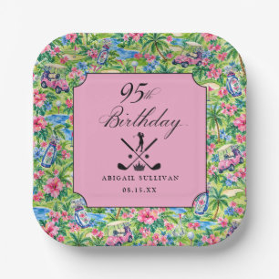95th Birthday Golf Pink Green Preppy Print Paper Plate