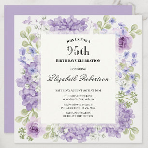 95th Birthday Invitation Elegant Purple Flowers