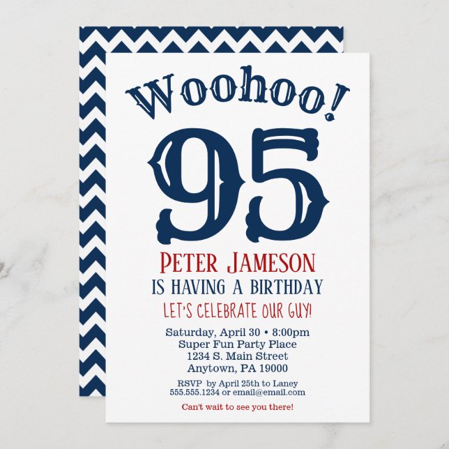 95th Birthday Invitation Mens Navy Blue (Front/Back)