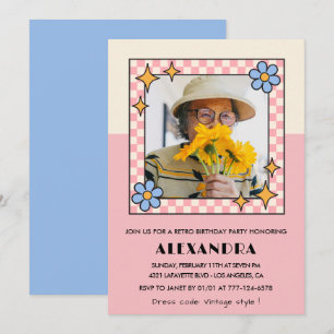 95th birthday invitation Retro Groovy Pink Flowers
