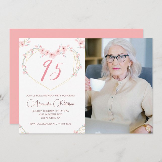 95th birthday invitations Boho Floral Photo (Front/Back)