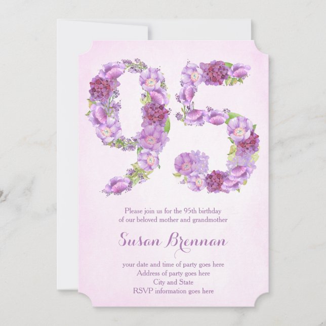 95th birthday invitations for a lady, mauve invite (Front)
