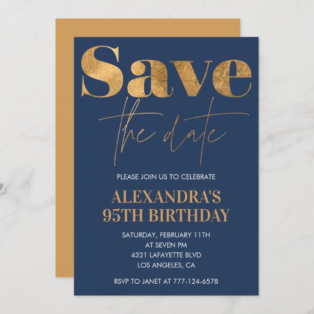 95th birthday invitations Save the date Gold Navy (Front/Back)