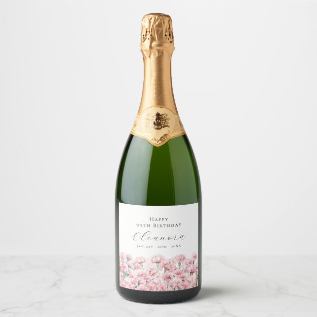 95th Birthday January Birth Flower Carnation Sparkling Wine Label (Front)