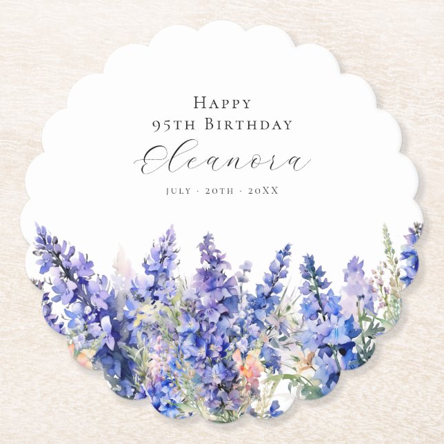 95th Birthday July Birth Flower Larkspur Custom Paper Coaster (Front)