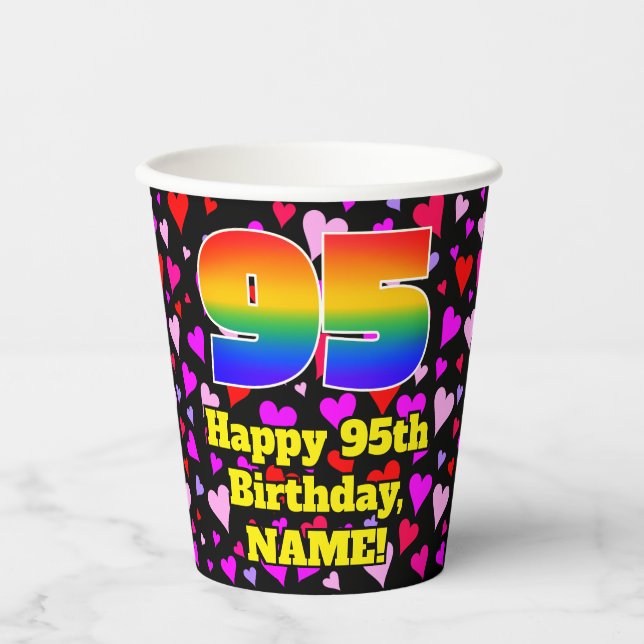 95th Birthday: Loving Hearts Pattern, Rainbow 95 Paper Cups (Front)