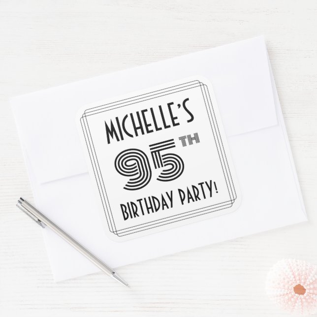 95th Birthday Party: Art Deco Style + Custom Name Square Sticker (Envelope)