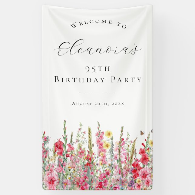 95th Birthday Party August Birth Flower Welcome Banner (Vertical)