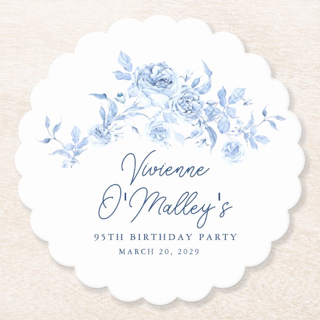95th Birthday Party Blue Rose Floral Custom Paper Coaster (Front)