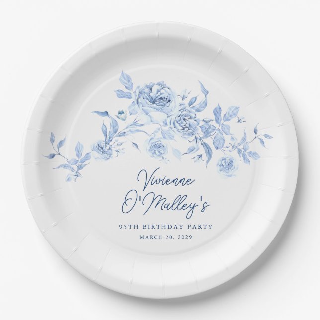 95th Birthday Party Blue Rose Floral Custom Paper Plate (Front)